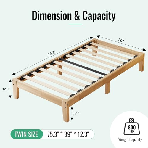 Twin Size Solid Wood Platform Bed Frame 12 Inch Noise-Free Support - Natural Finish