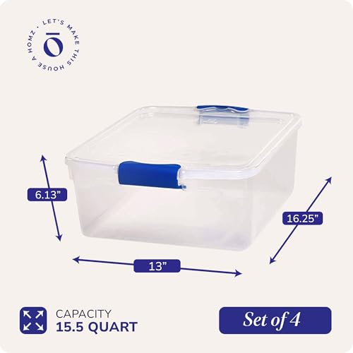 HOMZ 15.5 Qt Clear Plastic Storage Bins with Latching Lid - Blue, 4 Pack