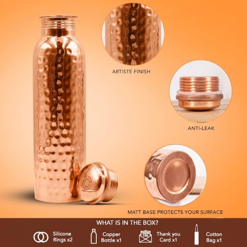 Hammered Copper Water Bottle 34 Oz Extra Large Leak-Proof Drinking Flask with Canvas Bag