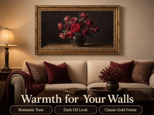 MOGIKE Vintage Framed Burgundy Red Rose Wall Art - 12x24 Inch Floral Canvas for Living Room & Bedroom