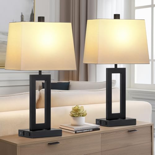 Cinkeda Black Bedside Table Lamp Set of 2,Nightstand Lamps with USB