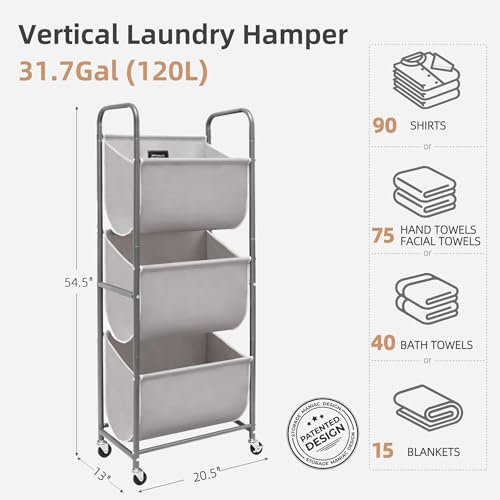 Storage Maniac 3-Tier Gray Vertical Laundry Hamper with Wheels - 120L Capacity