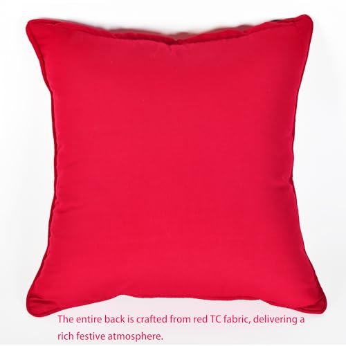 Ivory Christmas Poinsettia & Holly Throw Pillow Cover 18x18in with Red Piping
