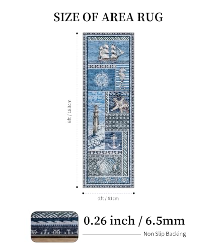 Vintage Nautical Area Rug 2x6 Coastal Runner Washable Non-Slip Low Pile