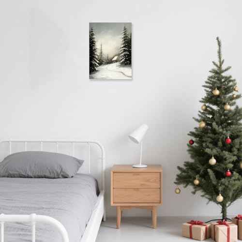 MIMAJIE Christmas Canvas Wall Art - Winter Snowscape Forest Landscape Print, Rustic Xmas Decor for Bedroom, Living Room, Holiday Home Decoration 12x16 Inches