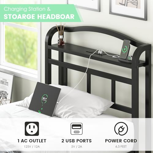 18 Inch Twin Size Bed Frame with Storage Headboard and Charging Station