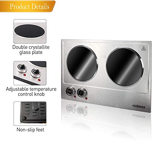 CUSIMAX Double 1800W Electric Hot Plate - Silver Cooktop with Independent Controls