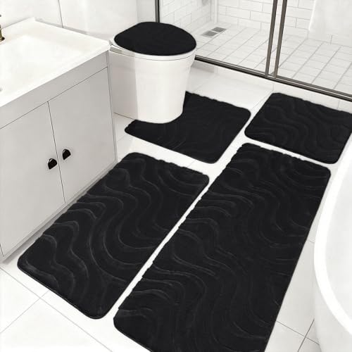 Black 5-Piece Bathroom Rug Set Non-Slip Plush Absorbent Mats - Aqzuxira
