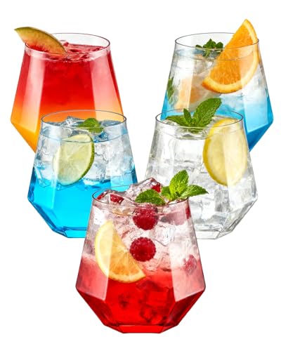 Clear Plastic Diamond Stemless Wine & Whiskey Glasses 40 pcs - Unbreakable Drinkware