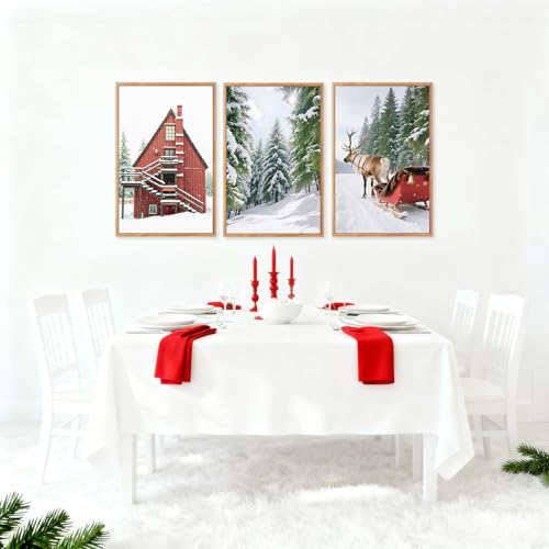 CHDITB 3pc Snowy Christmas Landscape Framed Canvas Wall Art Set - 16x24 Inches (Cottage Forest Reindeer Sleigh)