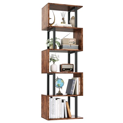 Furologee Rustic Brown 6-Tier S-Shaped Geometric Bookcase - Modern Storage Shelf