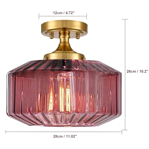 Purple Flush Mount Ceiling Light Fixture - 11.02 Inch Gold Industrial Lamp with Seeded Purple Glass Shade - Variation: Purple / 11.02 Inch
