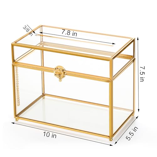 Glass Wedding Card Box with Lock and Gold Rim - Vintage Clear Gift Holder