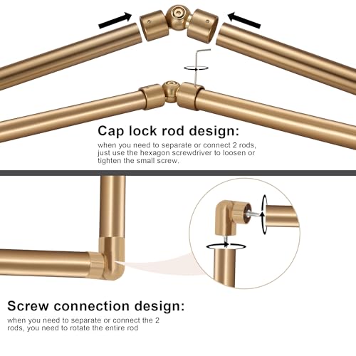 Warm Gold Bay Window Curtain Rods with Aluminum End Caps & Brackets, Adjustable 36-72 & 20-36 Inch Sets - 3 Sided Version