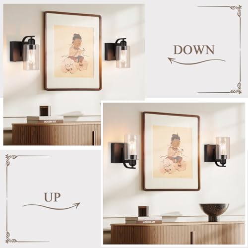 Black Battery Operated Wall Sconce Set of 2 with Clear Glass - Dimmable, Remote Control, 8 Inch