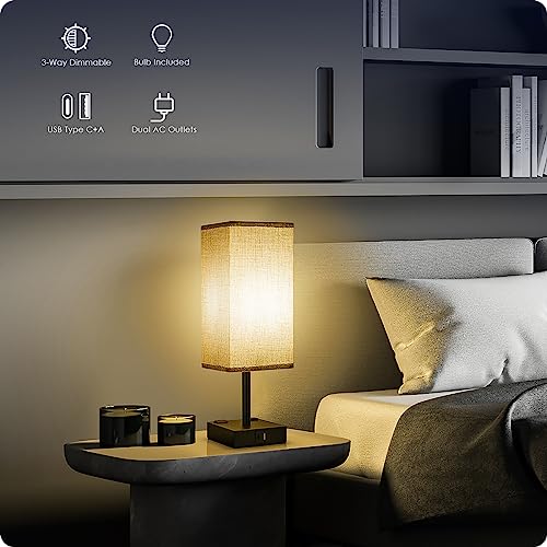Gray Bedside Table Lamps Set of 2 with USB C+A Charging Ports & Dimmable Touch Control