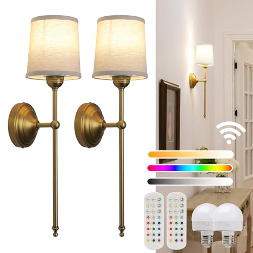 Battery Operated Wall Sconces Set of 2 with Fabric Shade - Dimmable, Remote Control, Modern & Retro Design