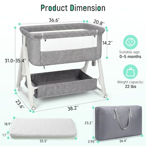 Grey Cowiewie 3-in-1 Baby Bassinet Bedside Crib with Mattress & Wheels