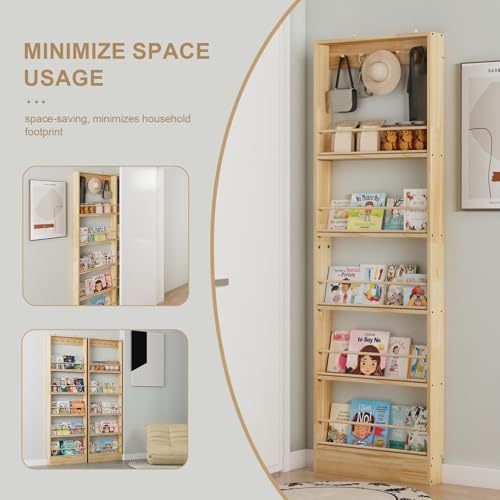 Wall Mounted Bookshelf with Hooks - 5 Tier Floating Wooden Storage for Nursery & Home