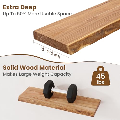 FlyJoe Live Edge Floating Shelves Set of 2 - 24 Inch Natural Elm Wall Decor
