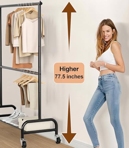 Heavy Duty Clothing Rack with Wheels - Adjustable Double Garment Rack, Black - 77.5" Tall, Supports 150 lbs