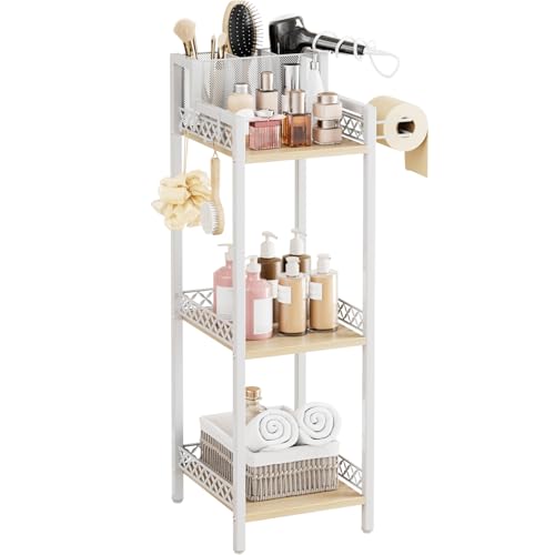 White Slim Bathroom Storage Shelf Unit with 3 Tiers and Toilet Paper Holder - 9.85in Wide