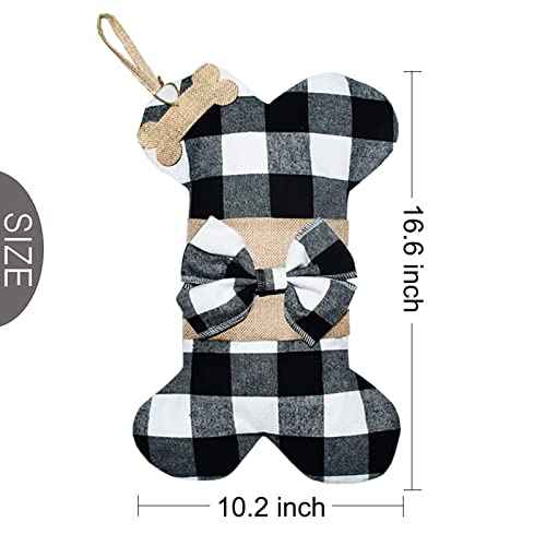 Senneny Pet Dog Christmas Stockings Buffalo Black White Plaid Burlap Large Bone Shape Hanging Christmas Stocking for Dogs Pets