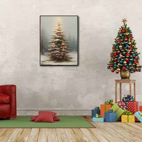 XMQQLL 16x24 in Vintage Christmas Tree Wall Art — Moody Neutral Canvas Print, Unframed