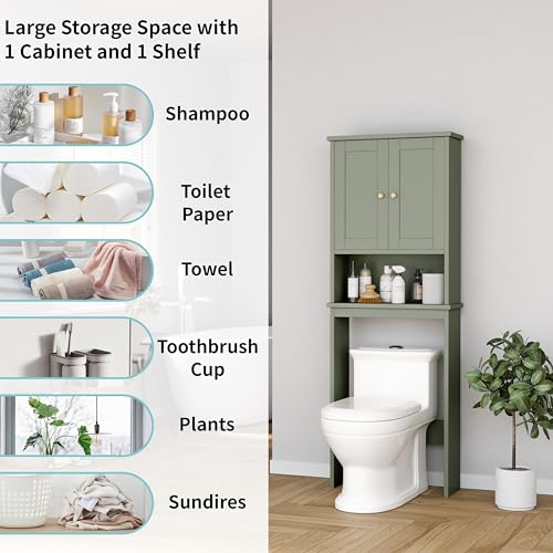 Shintenchi Over the Toilet Storage Cabinet - Green Bathroom Shelving with Adjustable Shelves and Doors