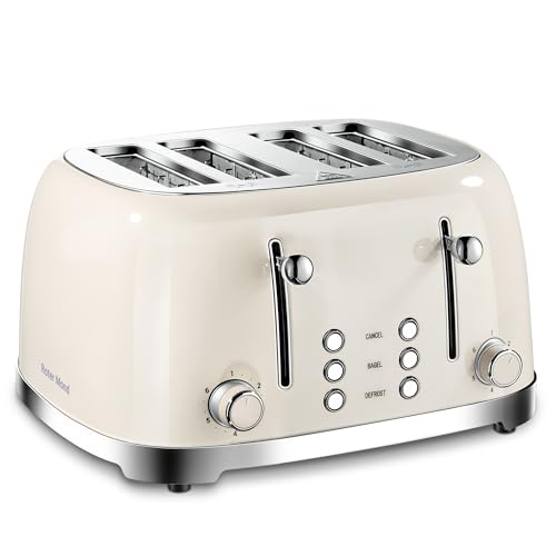 Cream 4 Slice Toaster with Retro Stainless Steel Finish, Wide Slots & Bagel Function