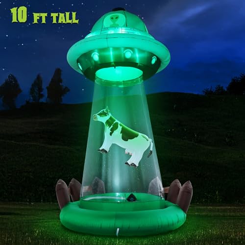 10 FT UFO Abduction Inflatable Halloween Decor with Cow & LED Lights - Outdoor Yard Decoration