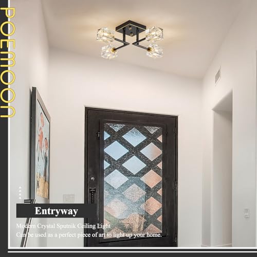 Poemoon Black Gold 18in Crystal Sputnik Chandelier 4-Light Ceiling Fixture