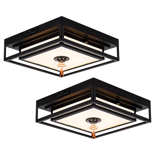 LED Motion Sensor Outdoor Ceiling Light Square Flush Mount 2 Pack - Black 10.5 Inch
