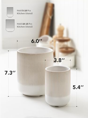 Ceramic Kitchen Utensil Holder Set - 7.3 & 5.4 Inch Warm White Reactive Glaze