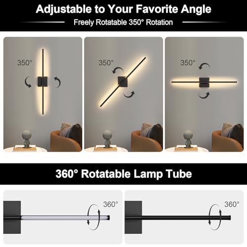Black 29.1 Inch Battery Operated Dimmable LED Wall Sconce Set with Remote Control