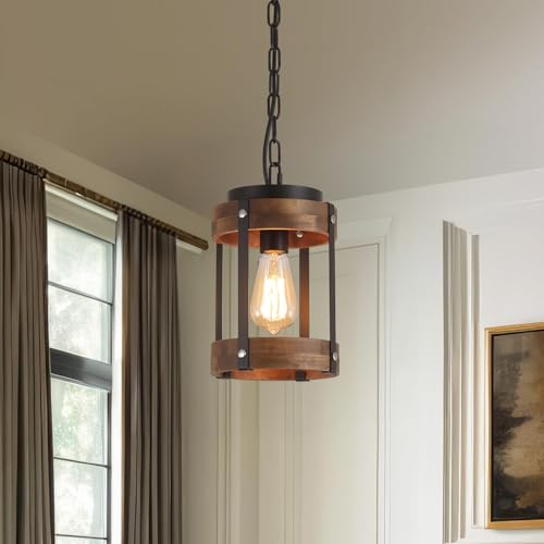 Small Pendant Light 2 Pack Rustic Farmhouse Wood and Metal Fixture - Adjustable Chain