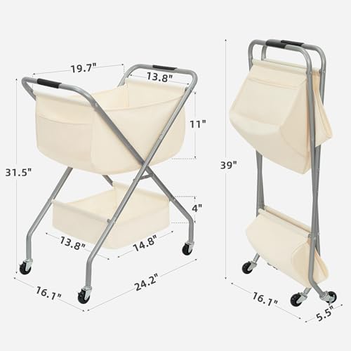 Storage Maniac Beige Collapsible Laundry Cart with Wheels, 31.5"H, Foldable Steel Frame & Canvas Liner