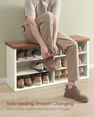 VASAGLE Rustic White & Honey Brown Shoe Bench with Adjustable Shelves, 11.6 x 39.4 x 19.7 Inches