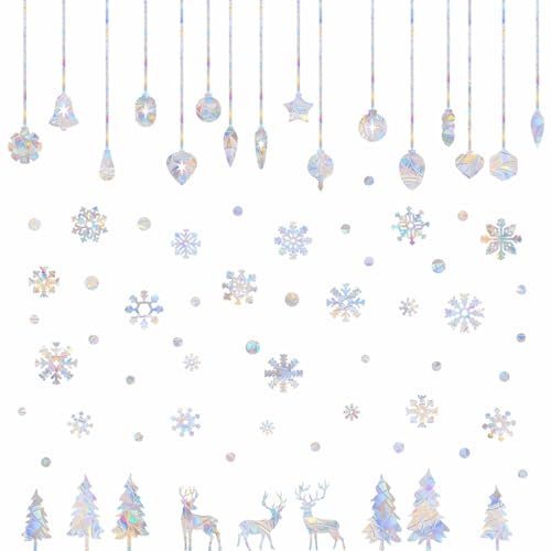Christmas Window Clings Snowflake Bell Static Cling Xmas Deer Pine Tree Window Decals Winter Snow Prismatic Vinyl Stickers Anti-Collision Window Stickers for Bird Strikes Suncatcher Stickers