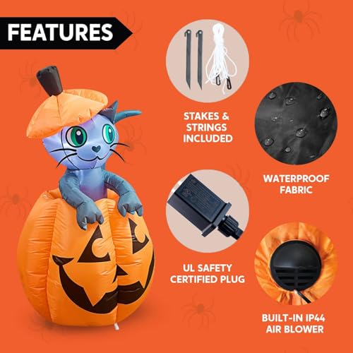Blue Cat With Pumpkin Inflatable Halloween Decor - 5 FT Animated Outdoor Yard Decoration