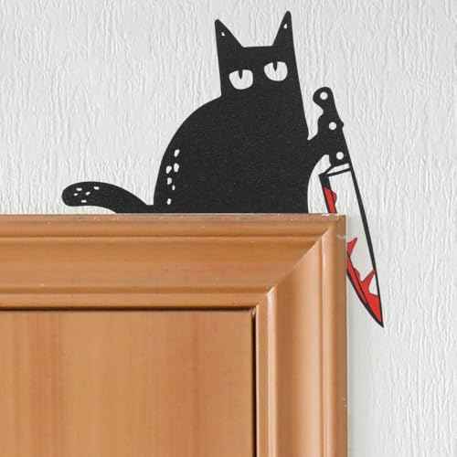 Cat Door Topper Decoration Decor Black Cat Lover Gifts for Women Funny Halloween Christmas Furniture with Knife