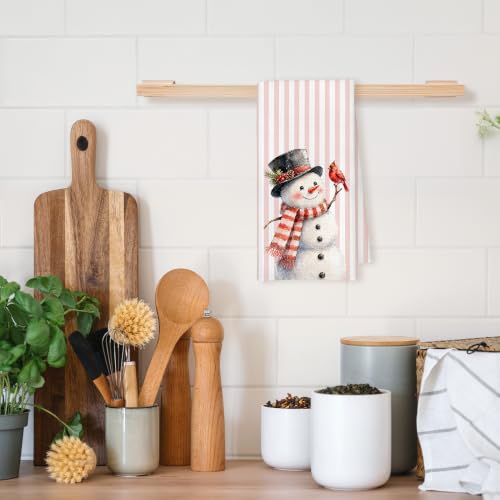 Preppy Christmas Cardinal Snowman Kitchen Hand Towels - Pink, 16x24 in