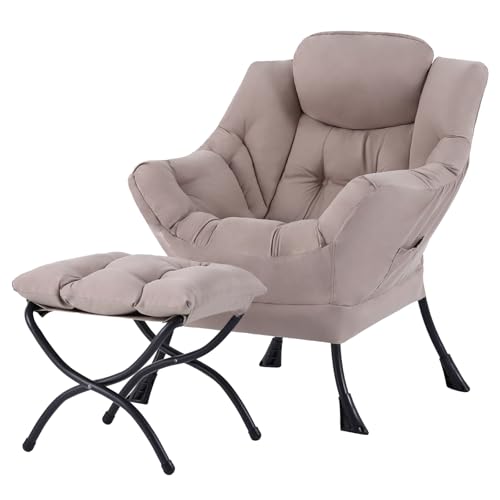 Tiita Lazy Chair with Ottoman - Khaki Peach Skin Accent Reading Chair