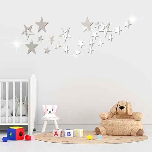 aooyaoo 26pcs Stars Acrylic Mirror Wall Stickers, 4 Sizes, Silver Stars, Stickers with Adhesive, Art Decal, 3D Wall Decorations for Baby Kids Bedroom Home DIY Decor