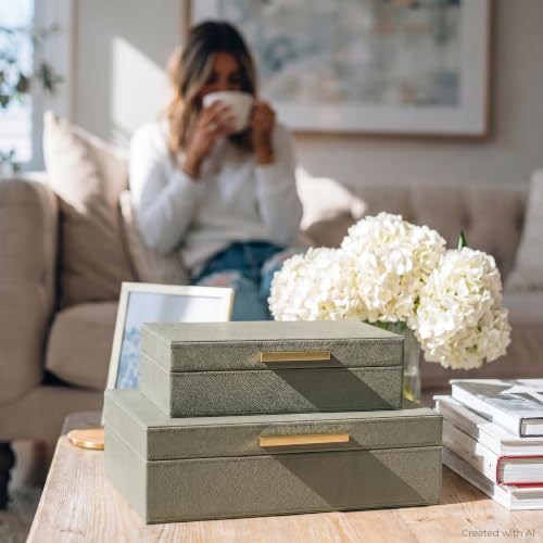 Sage Decorative Storage Boxes with Lids Set of 2 - PU Leather Organizer Bins