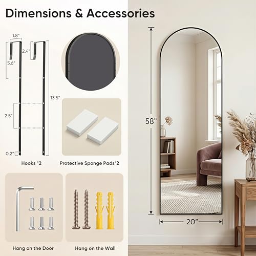 Homsion 58x20 Inch Over-the-Door Arched Full Length Mirror - Black, 4-in-1 Installation
