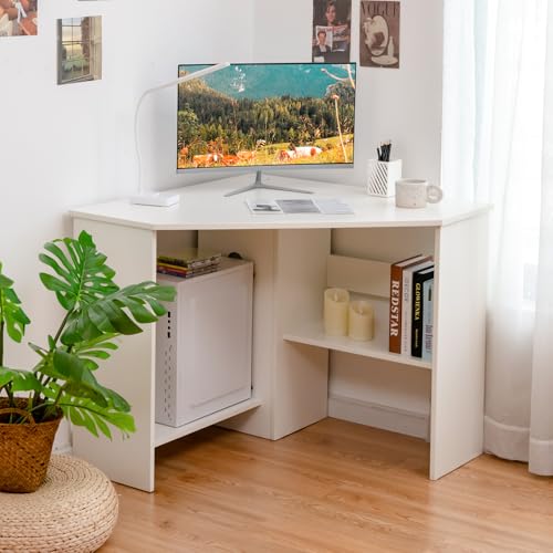 Tangkula White Corner Desk 33.5 x 33.5 x 29 Inches Space-Saving Study Table