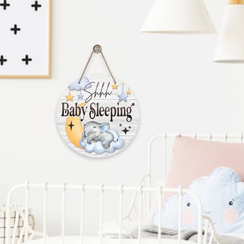 Shhh Baby Sleeping Front Door Sign, Elephant Moon Cloud Stars Wood Door Hanger Nursery Kids Bedroom Decor, Infant Toddler Baby Boy Girl Room Rustic Wooden Wreath Indoor Wall Hanging Decoration
