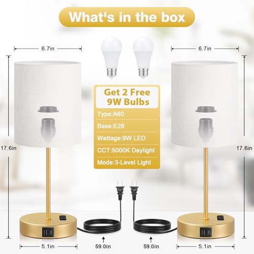 Fenmzee 17.6" Gold Touch Table Lamps with Dimmable Brightness & USB-C + A Outlets - Set of 2
