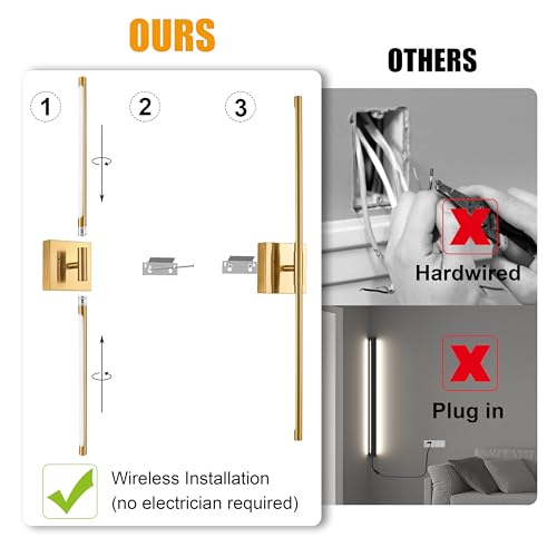 Electroplated Gold Battery Operated Wall Sconce Set of 2 - 24 Inch with Remote - Modern, Dimmable, Adjustable Lighting